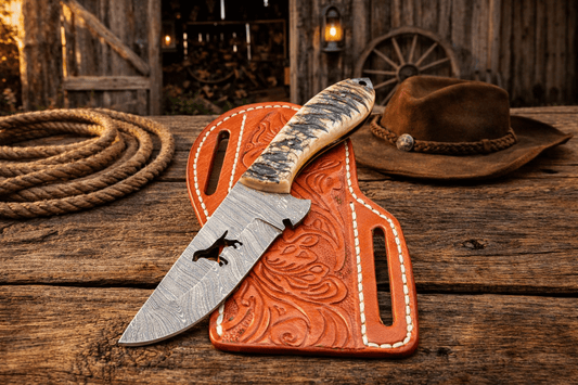 Cowboy Hunting Belt Knife – 4" Damascus Steel Sheep Horn Handle