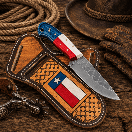Cowboy Knife – Handmade Steel Blade Flag Handle Belt Sheath