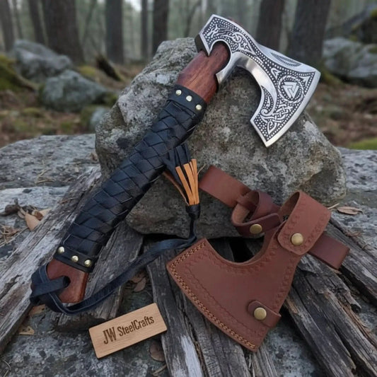 Viking Bearded Camp Hatchet with Engraved Head and Leather Wrapped Handle
