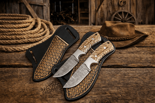 Cross Draw Sheath Knife – 3.75" Damascus Steel Pinecone Handle