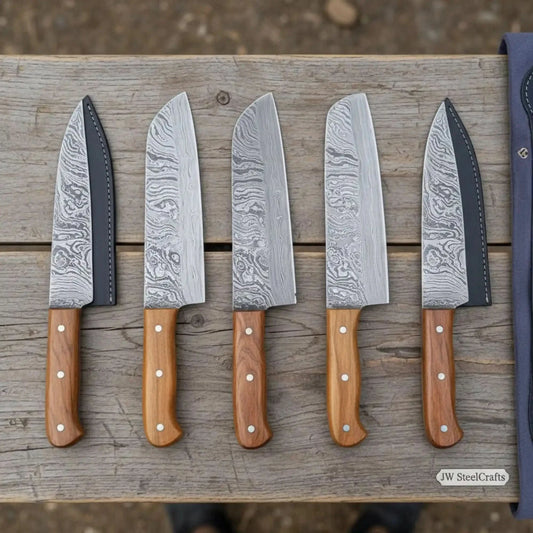 5-Piece Hand-Forged Rustic Kitchen Knife Set — Olive Wood Handles, 11-Inch Damascus Blades