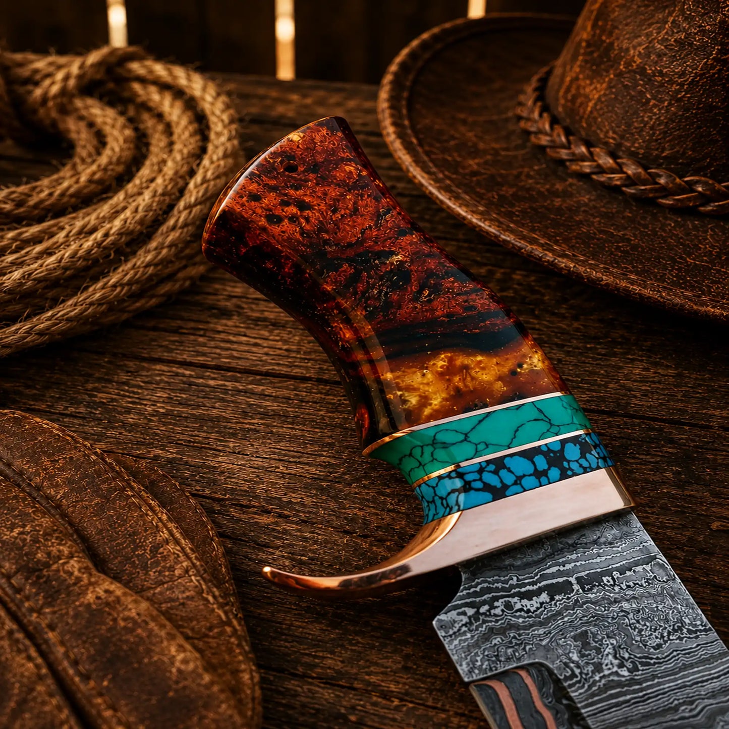 Copper Damascus Hunting Knife – Turquoise & Resin Bowie
