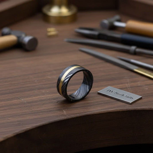 Mens Damascus Steel Wedding Band With Brass Inlay Handmade Ring