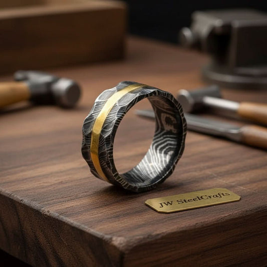 Mens Damascus Steel Wedding Band Hammered Finish with Brass Inlay