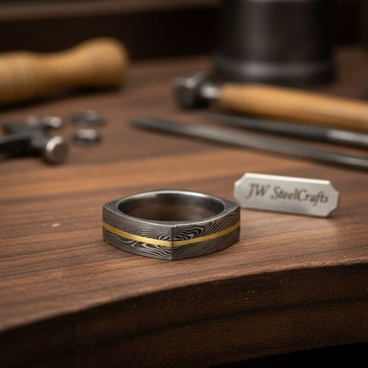 Damascus Steel Wedding Ring Faceted Band with Brass Inlay