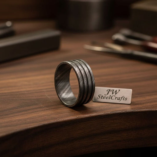 Mens Damascus Steel Wedding Band Wide Triple Groove Pattern Ring