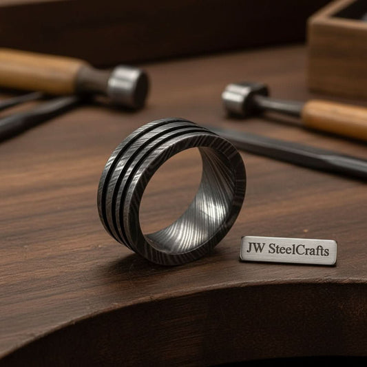 Mens Damascus Steel Wedding Band Wide Multi Groove Pattern Ring