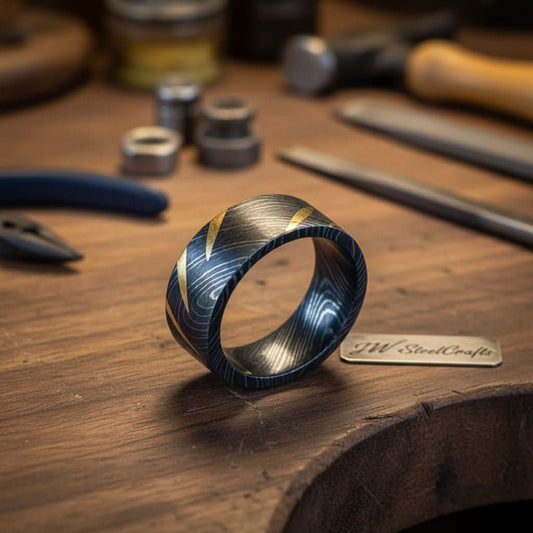 Mens Damascus Steel Wedding Band Wide Ring with Gold Inlay