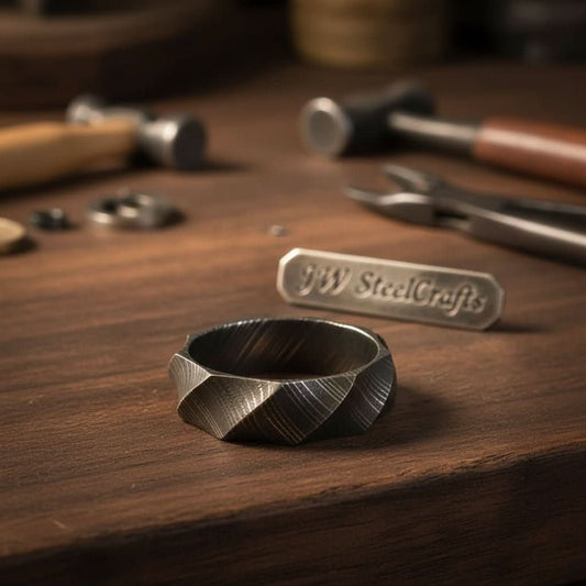Mens Damascus Steel Faceted Wedding Band Handmade Geometric Ring