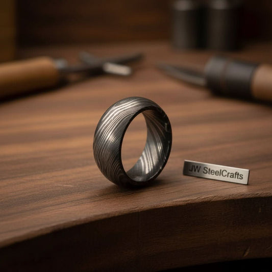 Mens Damascus Steel Wedding Band Classic Domed Comfort Fit Ring