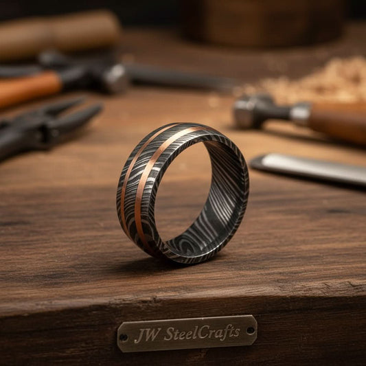 Mens Damascus Steel Wedding Band with Dual Copper Inlay Ring