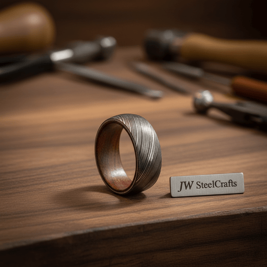 Mens Damascus Steel Wedding Band With Wood Liner Handmade Ring