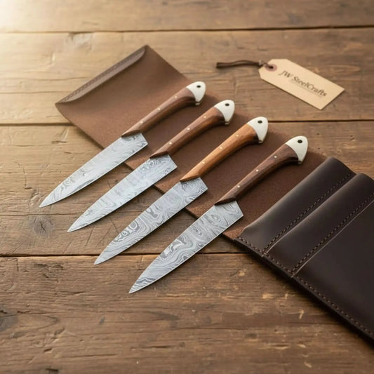 5-Piece Damascus Cutlery Set with 9 inch Blades, Rosewood Handles, Leather Roll
