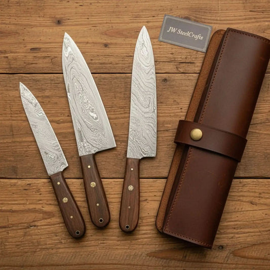Handmade Damascus Kitchen Knife Set - Chef, Carving, Paring Knives, Walnut Handles