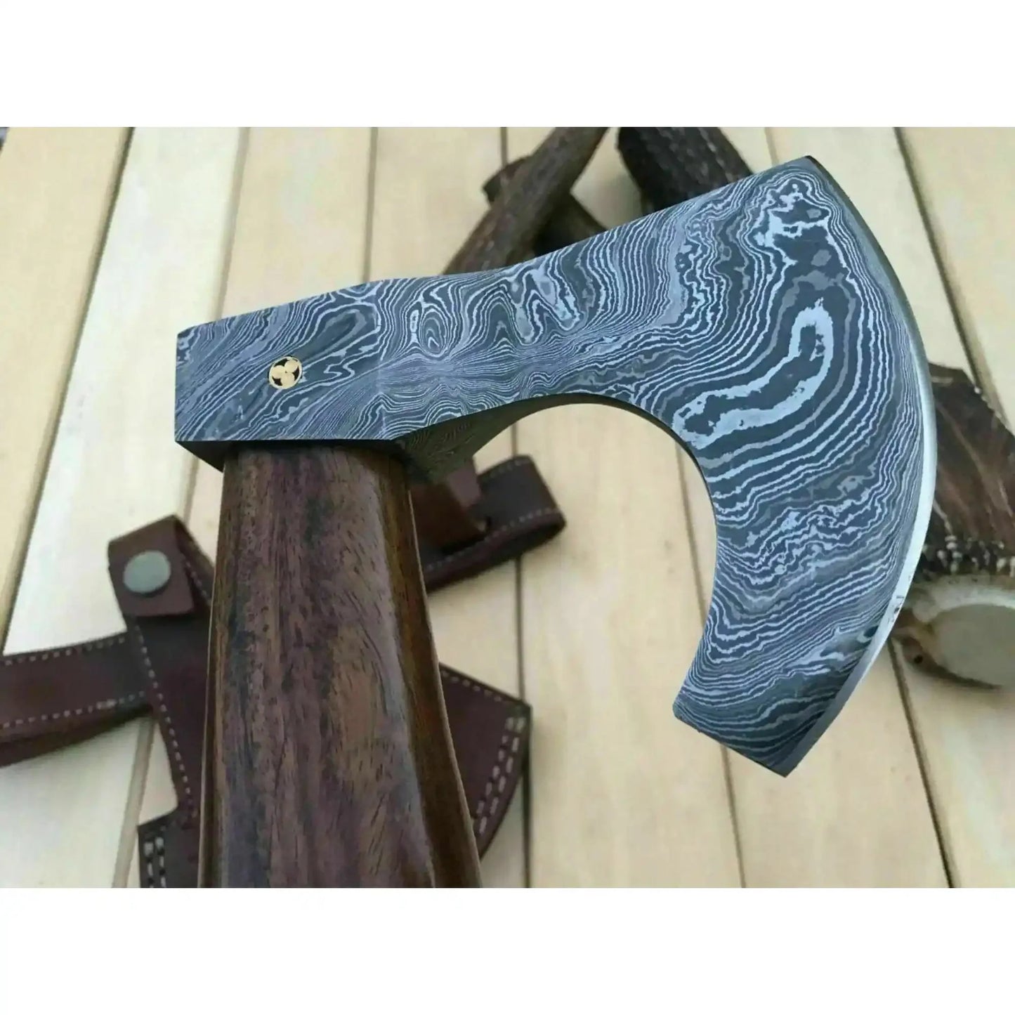 Damascus Camping Axe with Curved Rosewood Handle – Hand Forged Bushcraft Axe with Leather Sheath | JW SteelCrafts