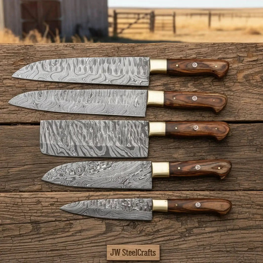 5-piece twisted Damascus cleaver, Nakiri, and chef knife set – pakka wood handle with brass bolster