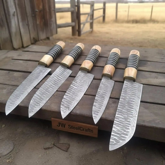 5 Piece Damascus Chef Knife Set | Handmade Kitchen Knives Olive Wood & Resin Handles