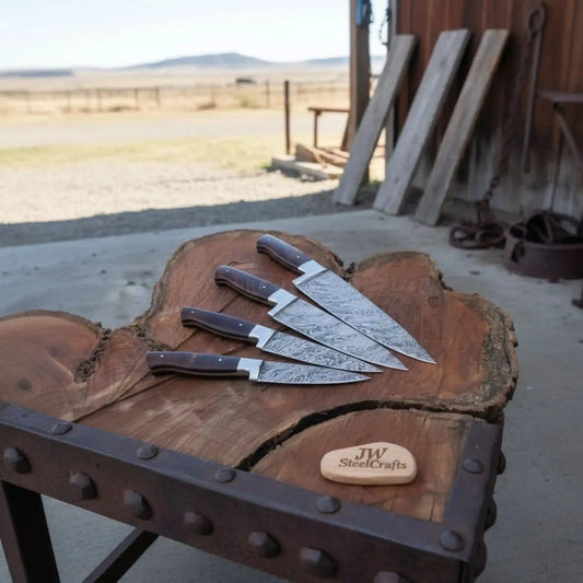 Handmade Damascus Kitchen Knife Set with Walnut Wood Handle - Professional Chef's Knives