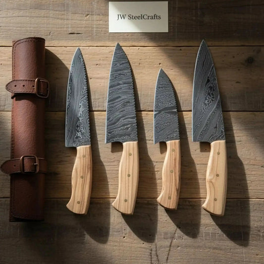 Handmade Damascus Kitchen Knife Set with Olive Wood Handles & Leather Roll by JW SteelCrafts