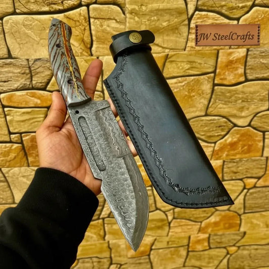 Damascus Hunting Knife with Grey Pinecone Handle | Full Tang + Black Leather Sheath