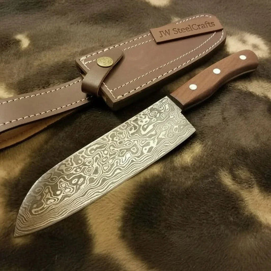 Pattern-Welded Damascus Drop Point Hunter — Full Tang, Rose wood, Premium Leather Sheath