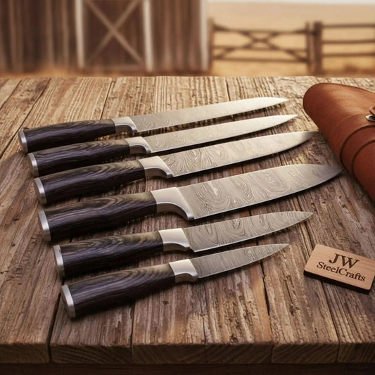 Hand-Forged Damascus Sujihiki Slicer Set — 6 Long Japanese-Style Carving Knives