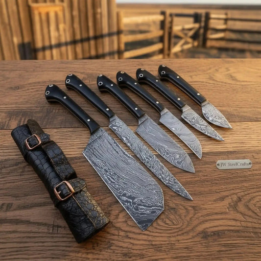 6-Piece Damascus Chef Knife Set – Japanese Chef Collection with Full Tang Blades & Leather Roll