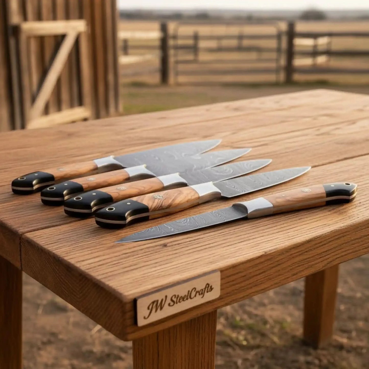 8-Piece Damascus Fillet & Precision Utility Knife Set — Olive Wood & Black Resin Handles, Full Tang with Steel Bolster