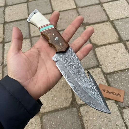 Damascus Gut Hook Hunting Knife — Bone, Turquoise Resin & Rosewood Handle, Damascus Bolster & Leather Belt Sheath