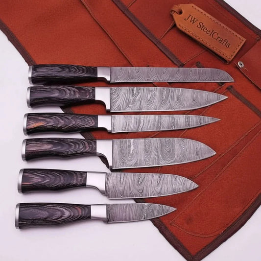 Handcrafted Damascus Knife Set of 6 Black Wood Handles Full Tang Chef, Bread, Utility Slicing Knives