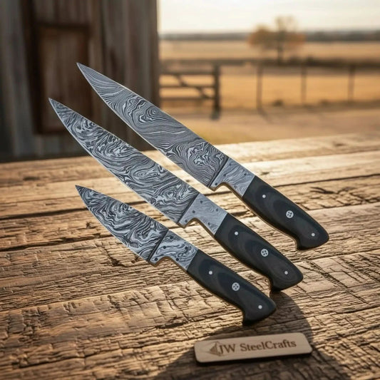 3 pcs Handmade Damascus Chef Knife Set, Professional Grade Black Micarta Handle Knives