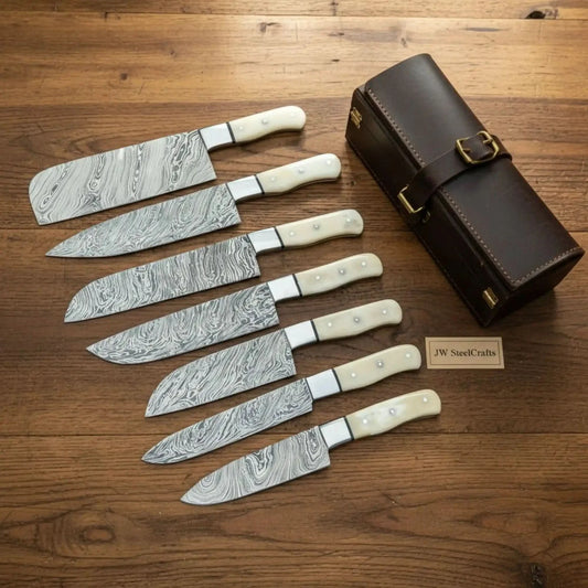 Japanese Damascus Chef Knife Roll Set – Fire Pattern 6-Piece Kitchen Set | Bone Handles, Steel Bolsters, Full Tang