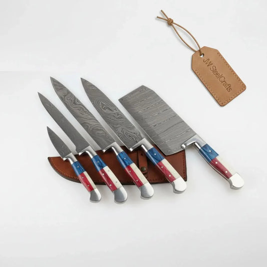 6-Piece Damascus Kitchen Knife Set with Butcher Cleaver — 7 to 13 Inch Blades with Full Tang