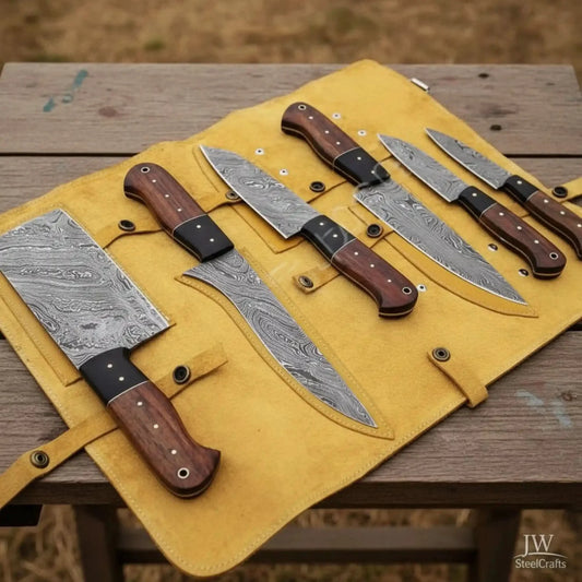 6-Piece Damascus Kitchen Set: Cleaver, Chef, Utility & Skinner Blades with Rosewood Handles