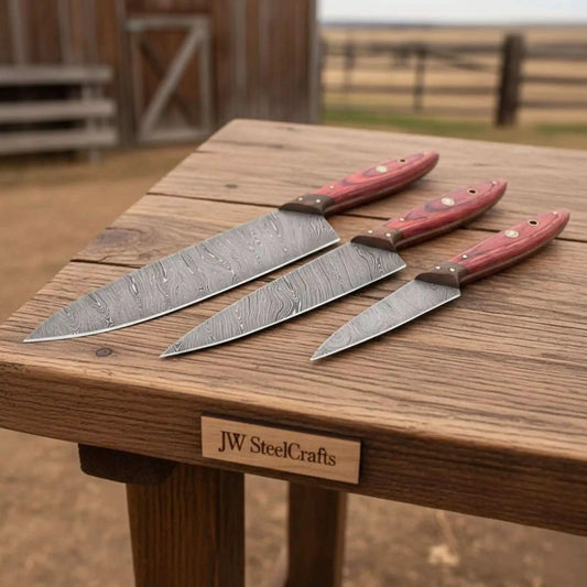 3-Piece Damascus Chef Knife Set – Hand Forged Meat & Prep Set (14”, 12”, 9”)