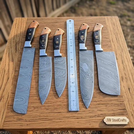 Damascus Multi-Blade Chef Knife Set with Olive Wood & Black Pakka Wood Handles