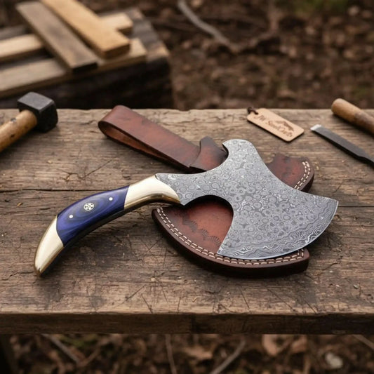Hand-Forged Damascus Bearded Hatchet with Purple wood and brass Handle