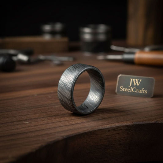 Mens Damascus Steel Wedding Band Smooth Domed Handmade Ring