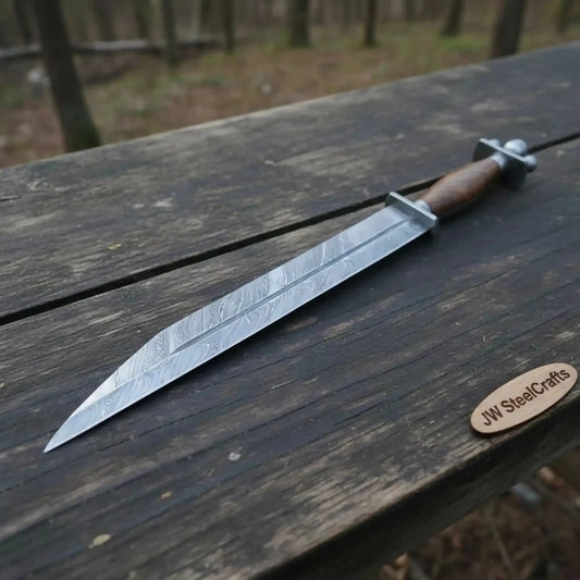 Damascus Steel Viking Long Seax Knife Single Edge Blade-Wood Handle Leather Sheath