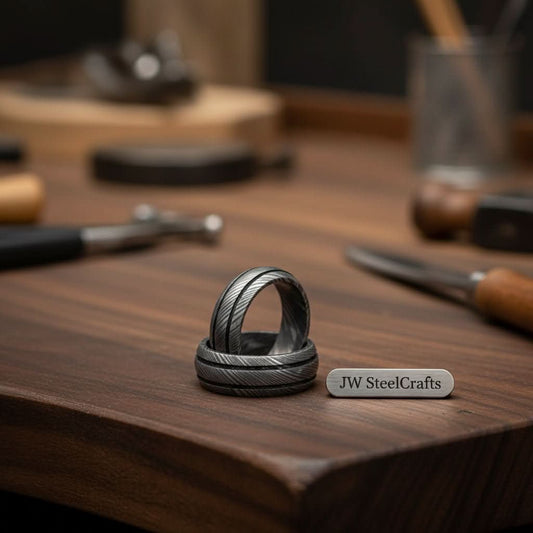 Damascus Steel Wedding Band Set for Couples Twisted Damascus Rings