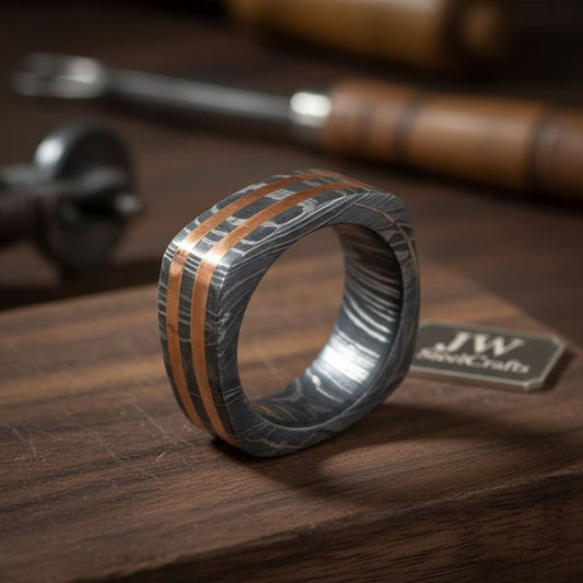 Damascus Steel Wedding Ring Double Copper Inlay Handmade Band