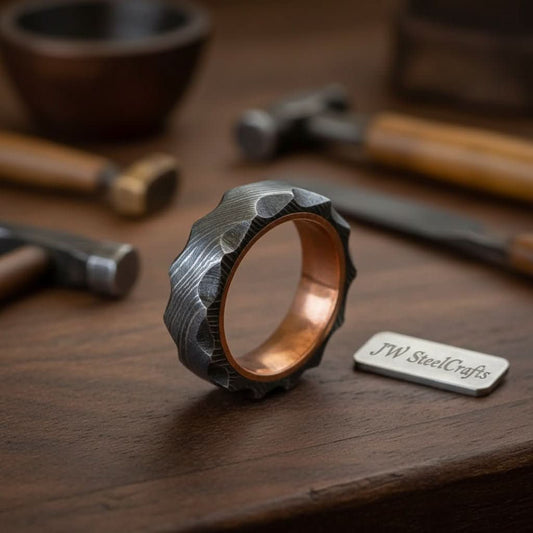 Damascus Steel Wedding Ring Hammered Texture with Copper Inner Band