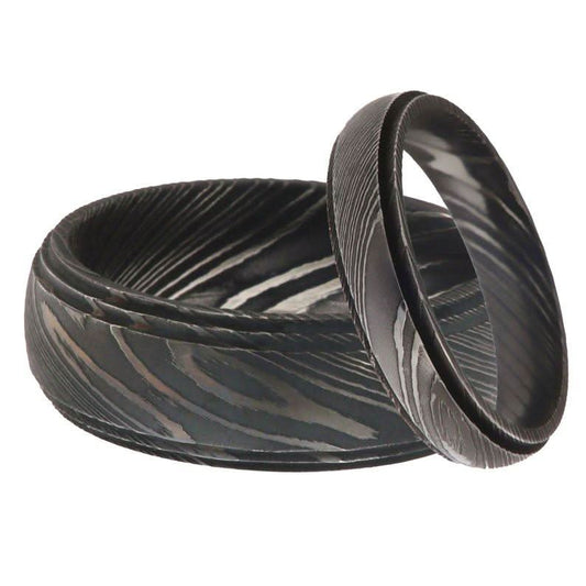 Damascus Steel Wedding Ring Set for Couples Black Pattern Wedding Bands