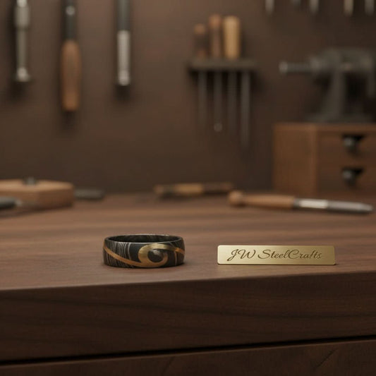 Damascus Steel Wedding Ring with Brass Swirl Inlay Band