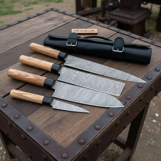 4-Piece Twisted Damascus Kitchen Knife Set — Chef, Nakiri, Slicer & Paring with Olive Wood Wa Handles & Black Leather Roll | JW Steel Crafts