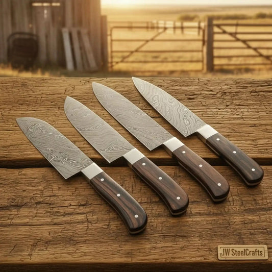 Handmade 4-Piece Damascus Chef Knife Set | Professional Kitchen Knife Set with Rosewood Handles