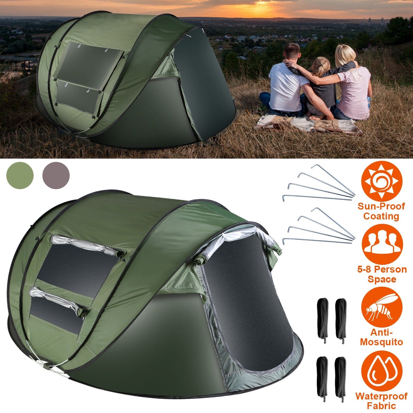 3-4 Person Pop Up Tent Automatic Setup Camping Tent Waterproof Instant Setup Tent with 2 Mosquito Net Windows Carrying Bag for Hiking Climbing Adventu