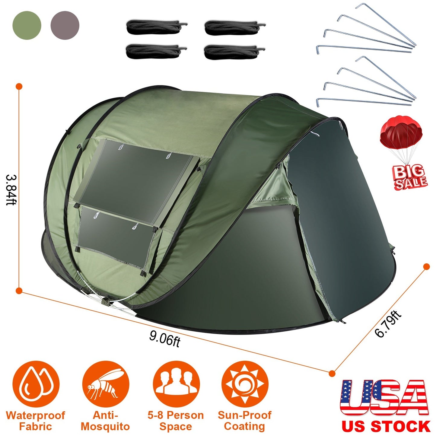 3-4 Person Pop Up Tent Automatic Setup Camping Tent Waterproof Instant Setup Tent with 2 Mosquito Net Windows Carrying Bag for Hiking Climbing Adventu