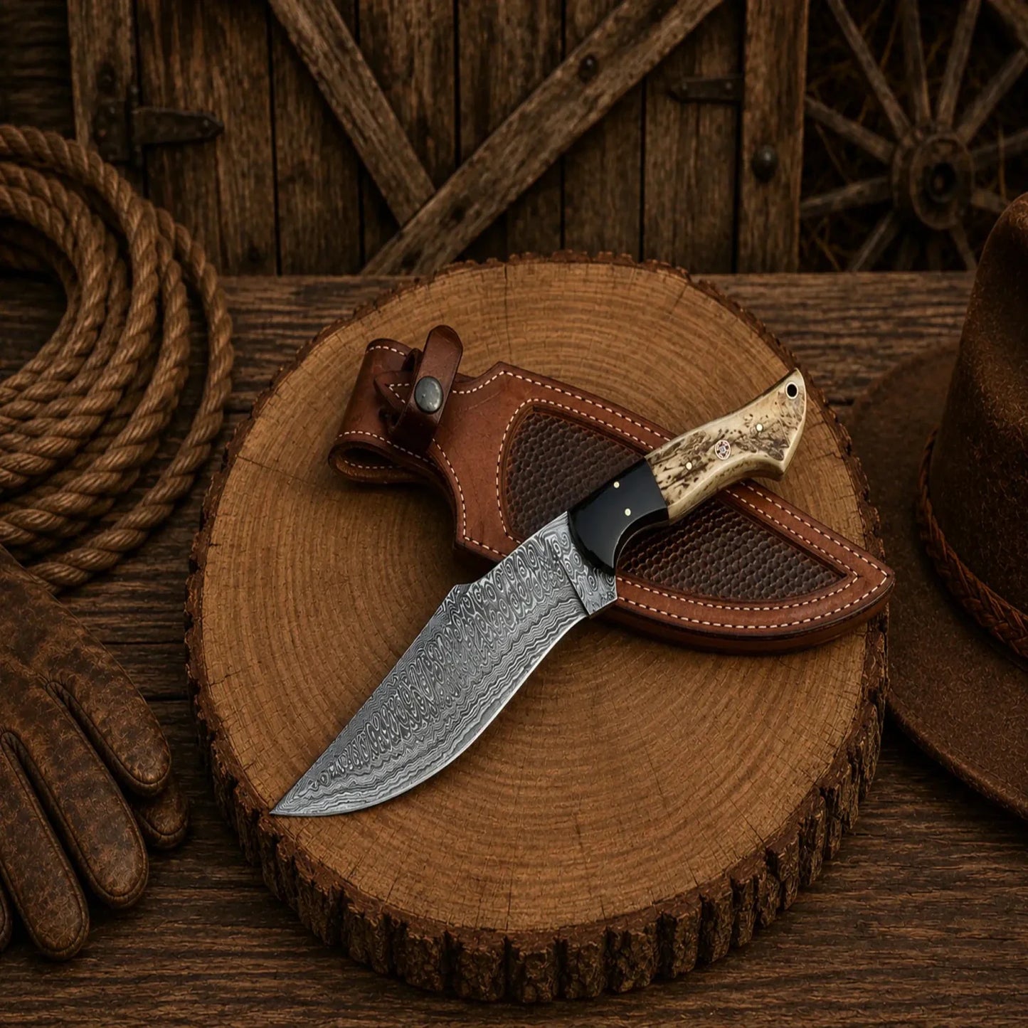 Deer Hunting Bowie Knife – Frostfang Damascus Steel Stag Handle