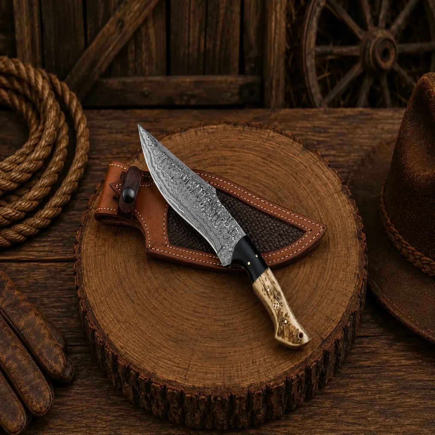 Deer Hunting Bowie Knife – Frostfang Damascus Steel Stag Handle